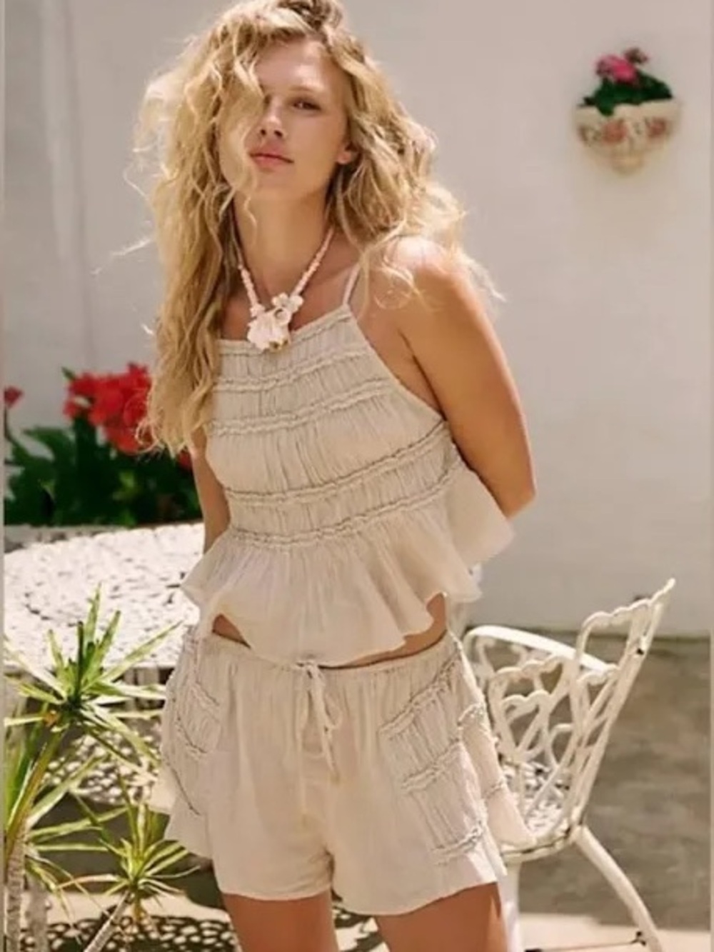 Free People Angelina Short Set with Ruffled Smocked Tank
